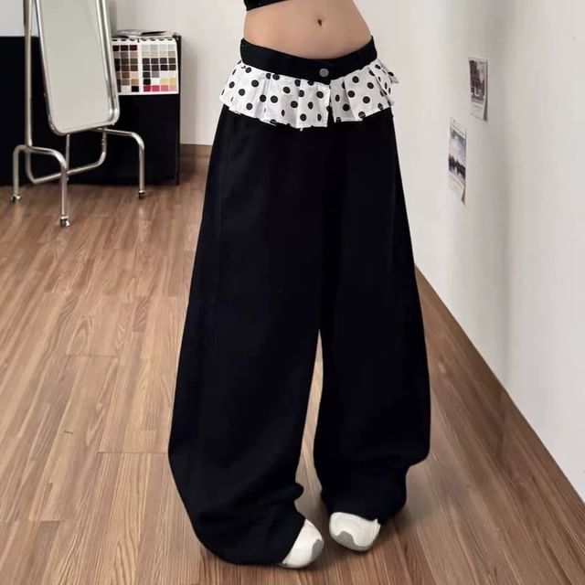 Low Rise Polka Dot Skirt Overlay Barrel Leg Baggy Jeans