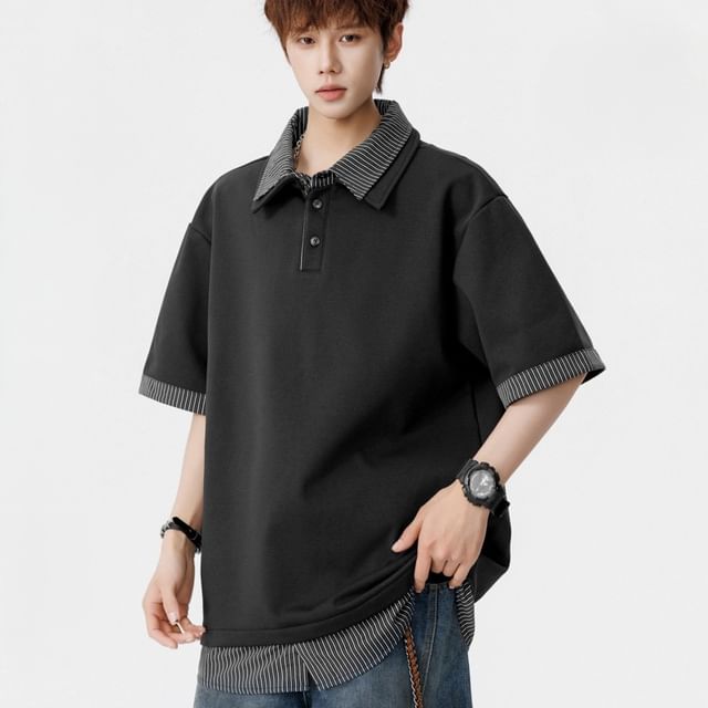 Mock Two-Piece Elbow-Sleeve Striped Panel Polo Shirt