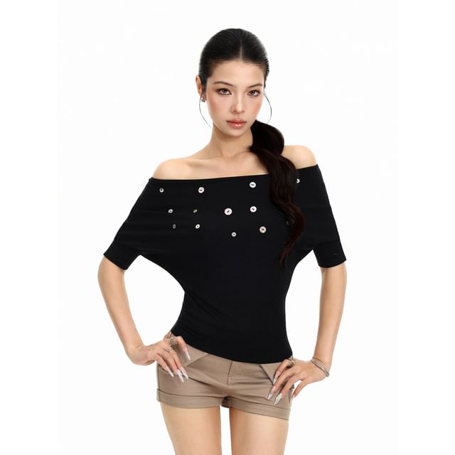 Elbow Sleeve Off Shoulder Plain Button Embellished Top