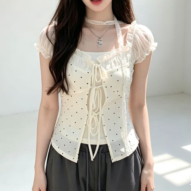 Cap Sleeve Dotted Ruffle Mock Two Piece Tie Front Top