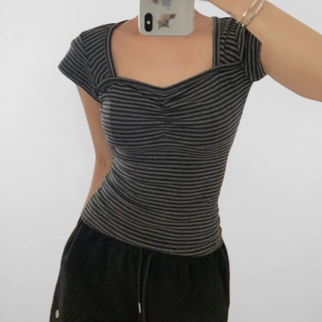 Cap-Sleeve Square Neck Striped Crop Top