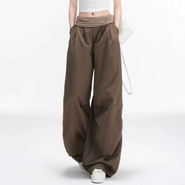 Mid Waist Plaid Panel Loose Fit Wide Leg Pants