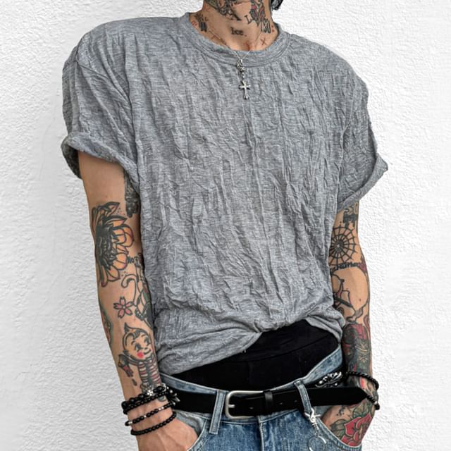 Short-Sleeve Crewneck Crumple Ribbed T-Shirt