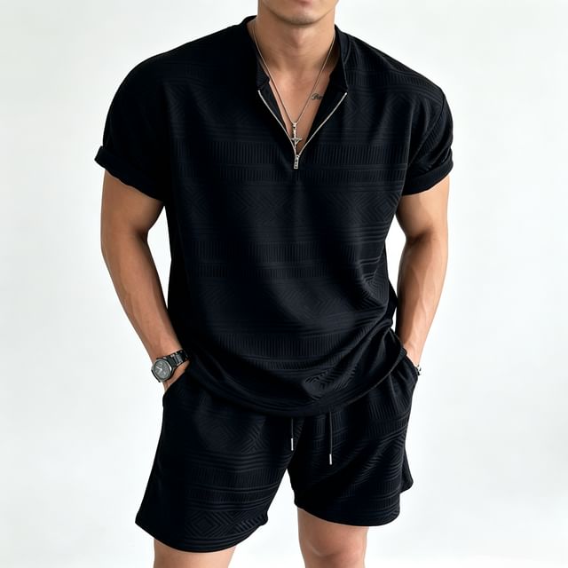 Set: Short-Sleeve Plain Half-Zip T-Shirt + Elastic Waist Shorts