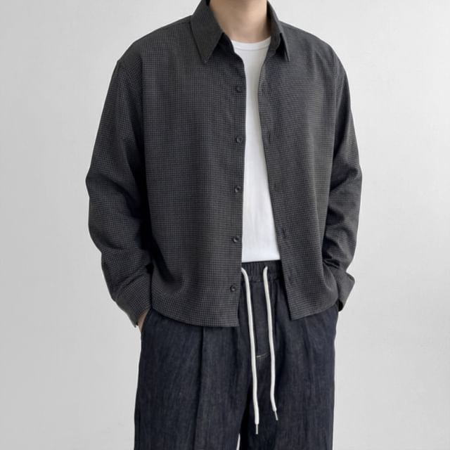 Microplaid Button-Up Crop Shacket