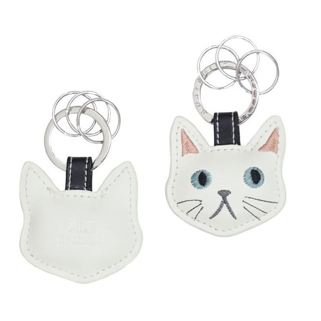 MIMI Cat Face Genuine Leather Bag Charm Keyring Cream