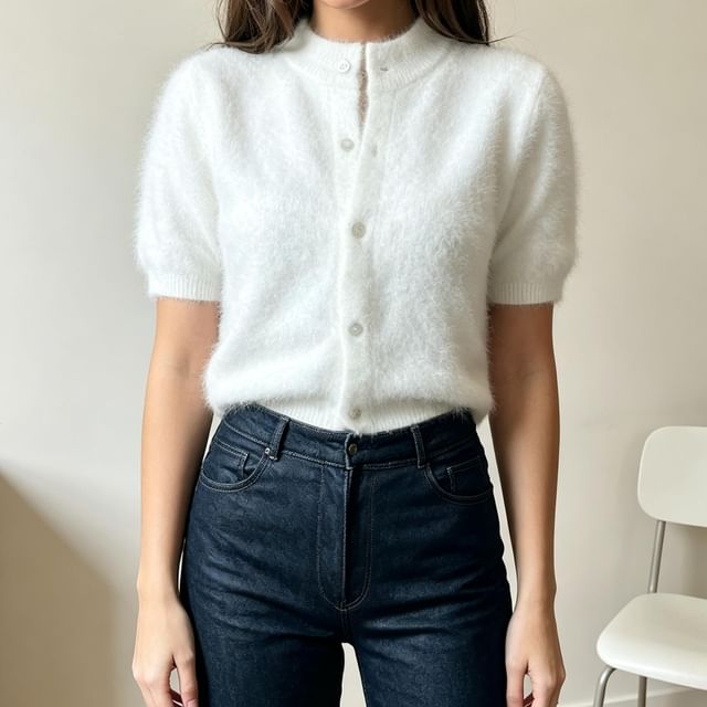 Puff Short-Sleeve Mock Neck Plain Fluffy Button Up Knit Top