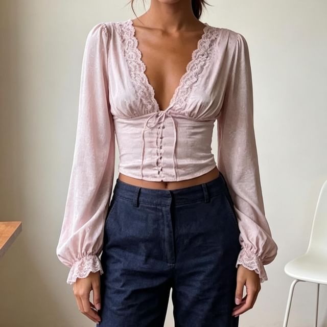 Long-Sleeve V-Neck Plain Lace Trim Crop Top