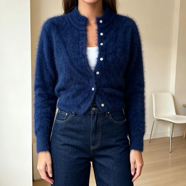 Mock Neck Plain Fluffy Button Up Knit Cardigan