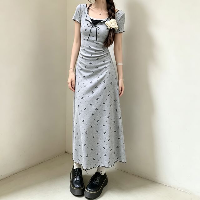 Mock Two-Piece Short-Sleeve Ribbon Print Frill Trim Maxi Bodycon Dress