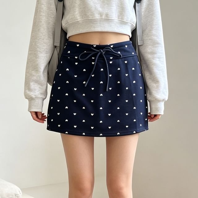 Drawstring Waist Heart Print Mini Pencil Skirt