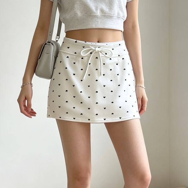 Drawstring Waist Heart Print Mini Pencil Skirt