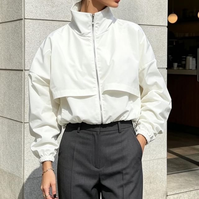 High Neck Zip-Up Plain Windbreaker