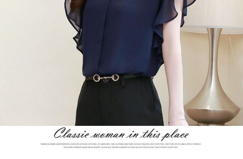Flutter Sleeve Band Collar Plain Chiffon Shirt