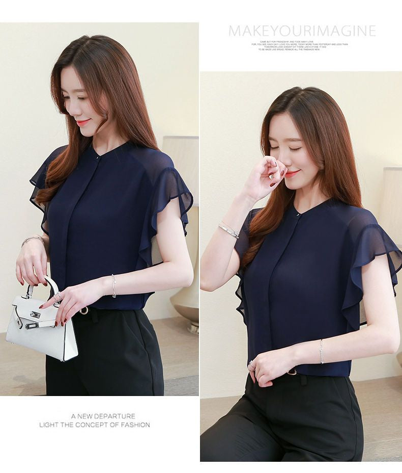 Flutter Sleeve Band Collar Plain Chiffon Shirt