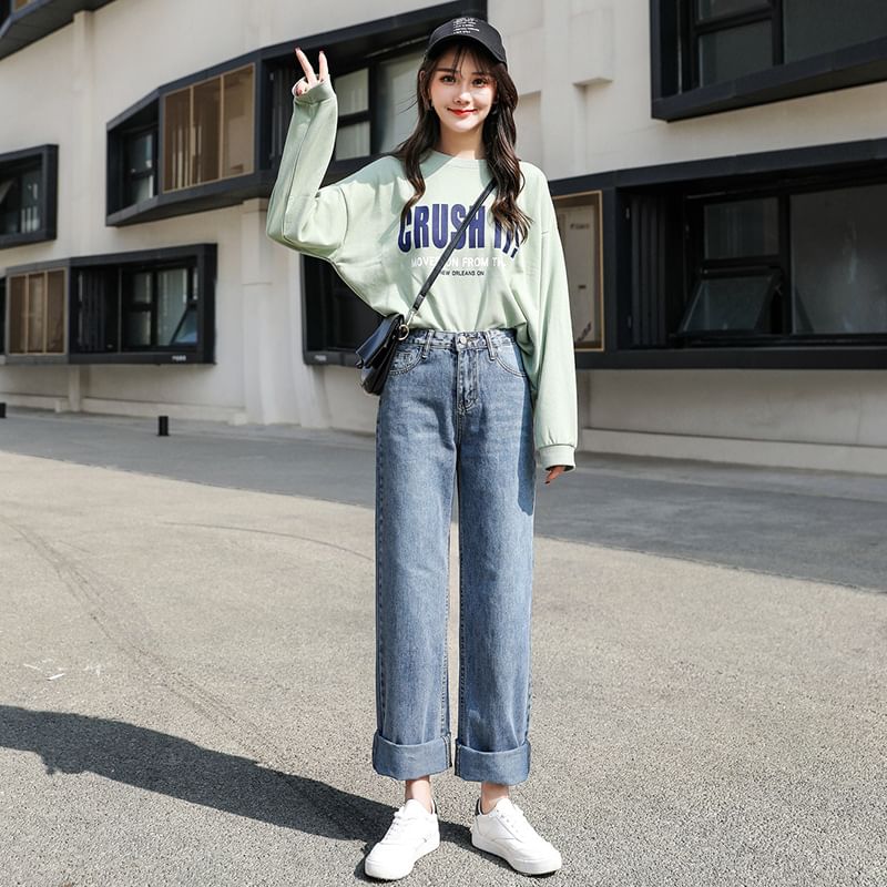 High-Waist Washed Loose Fit Jeans
