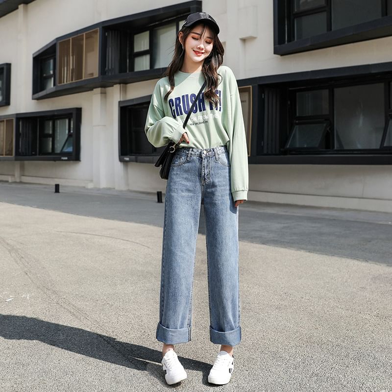 High-Waist Washed Loose Fit Jeans