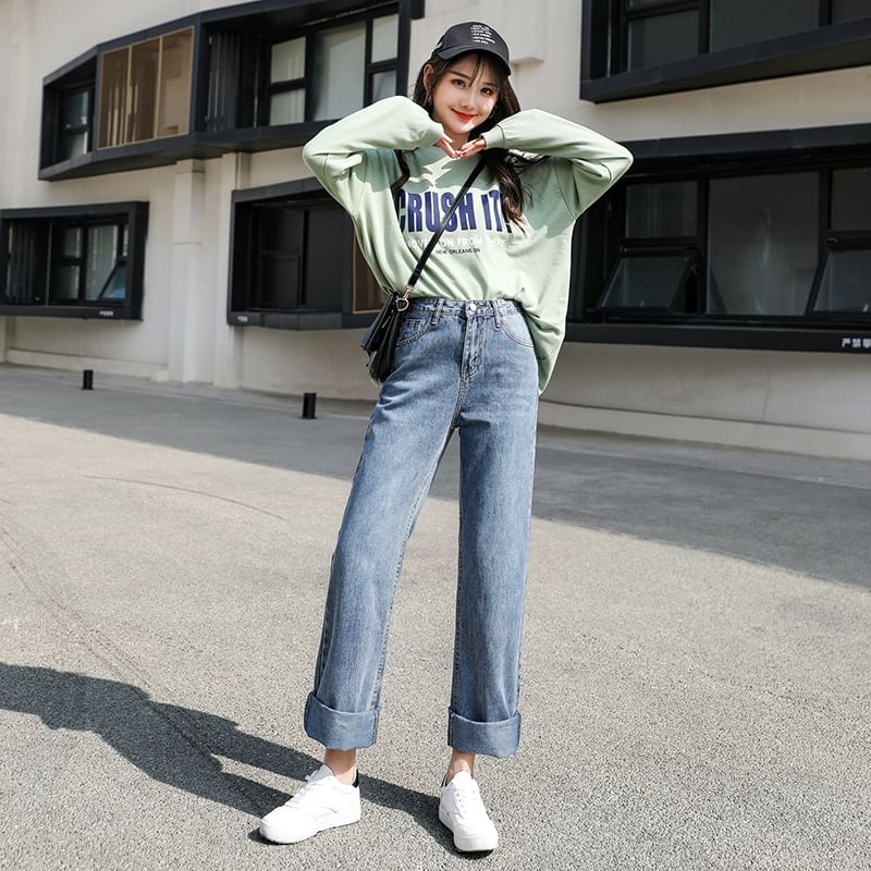 High-Waist Washed Loose Fit Jeans