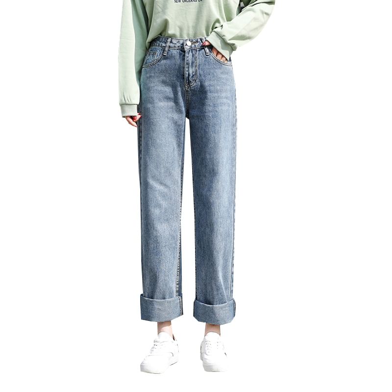High-Waist Washed Loose Fit Jeans