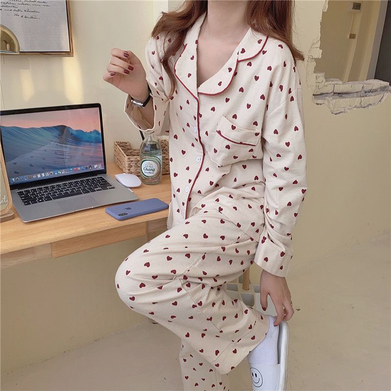 Set: Long-Sleeve Heart Print Pajama Top + Pants