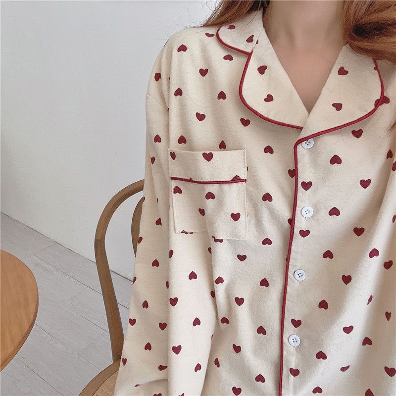 Set: Long-Sleeve Heart Print Pajama Top + Pants