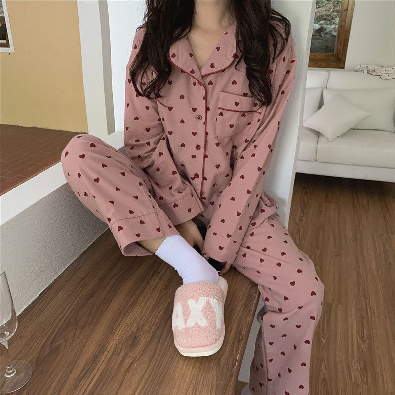 Set: Long-Sleeve Heart Print Pajama Top + Pants