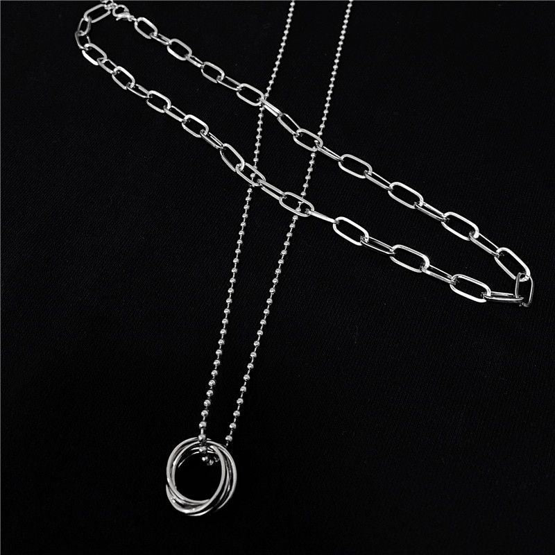 Set of 2: Stacked Ring Pendant Ball Chain Necklace + Paperclip Chain  Necklace