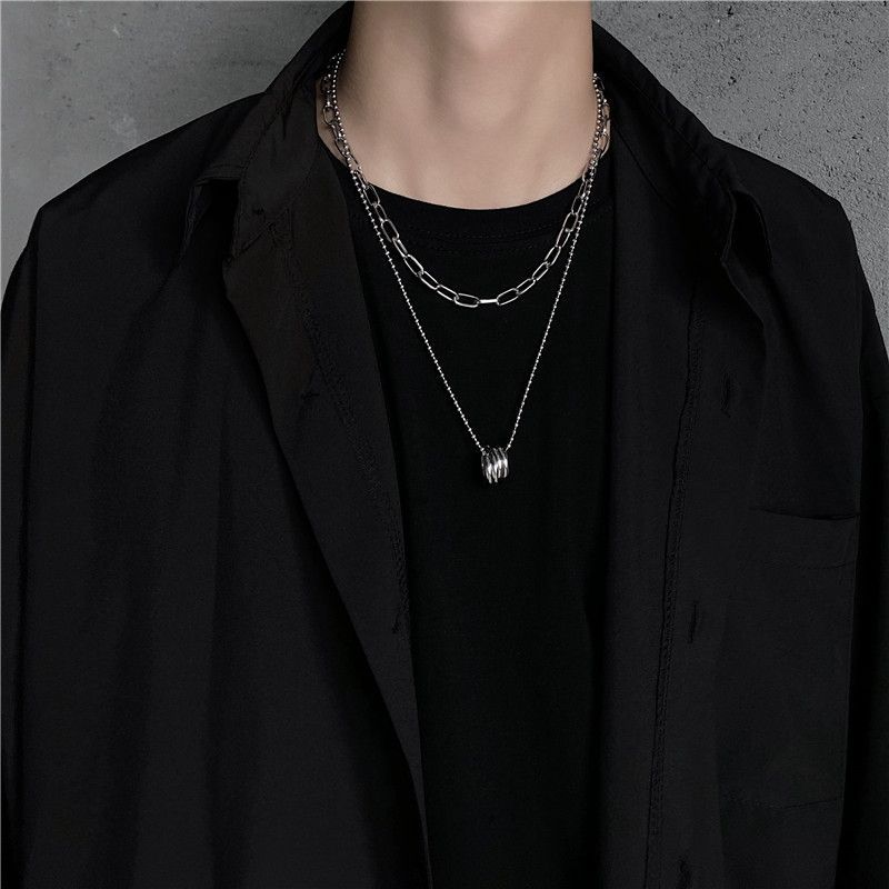 Set of 2: Stacked Ring Pendant Ball Chain Necklace + Paperclip Chain  Necklace