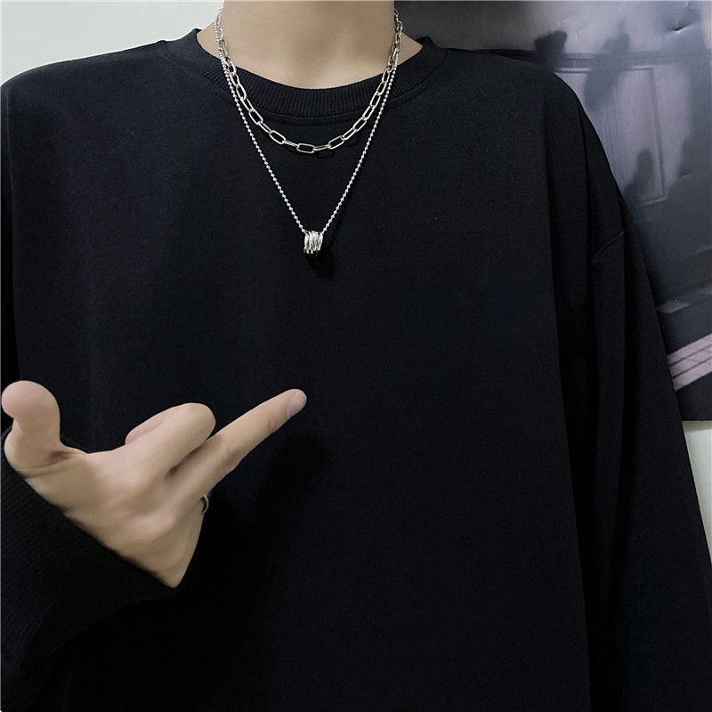 Set of 2: Stacked Ring Pendant Ball Chain Necklace + Paperclip Chain  Necklace