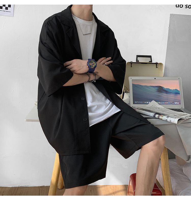 Set: Elbow-Sleeve Plain Shirt + Mid Rise Shorts