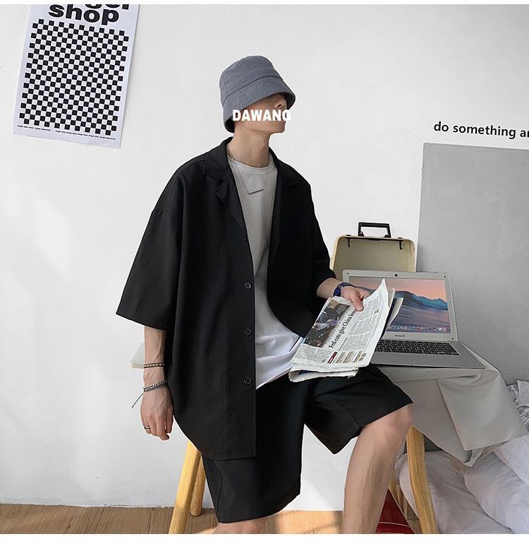 Set: Elbow-Sleeve Plain Shirt + Mid Rise Shorts