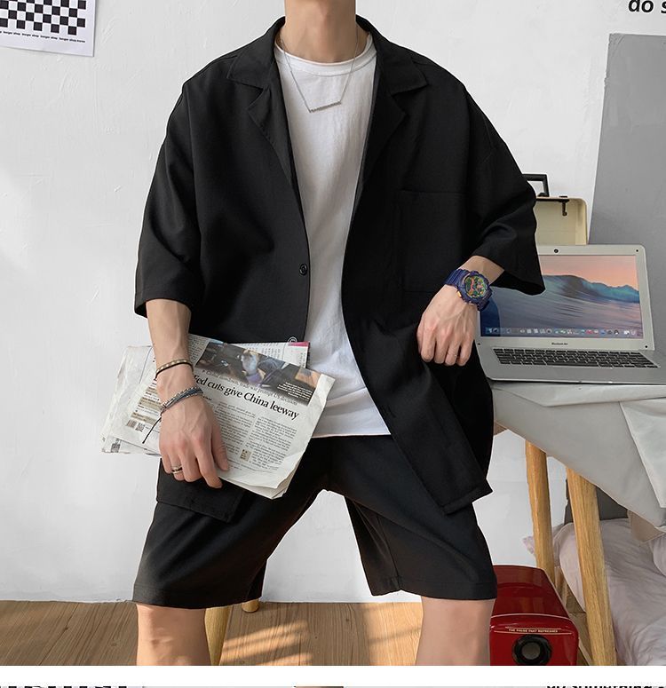 Set: Elbow-Sleeve Plain Shirt + Mid Rise Shorts