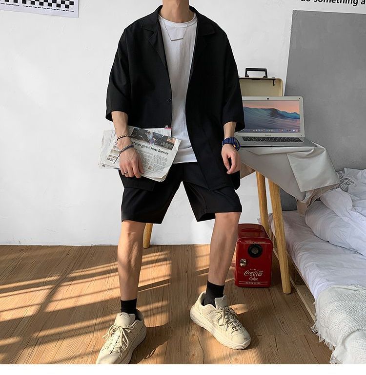 Set: Elbow-Sleeve Plain Shirt + Mid Rise Shorts