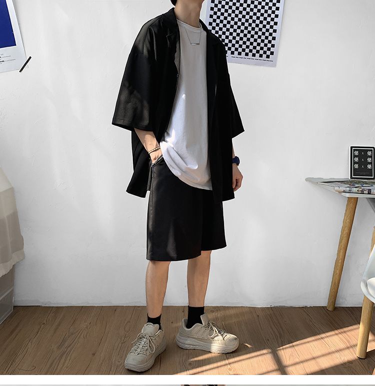 Set: Elbow-Sleeve Plain Shirt + Mid Rise Shorts