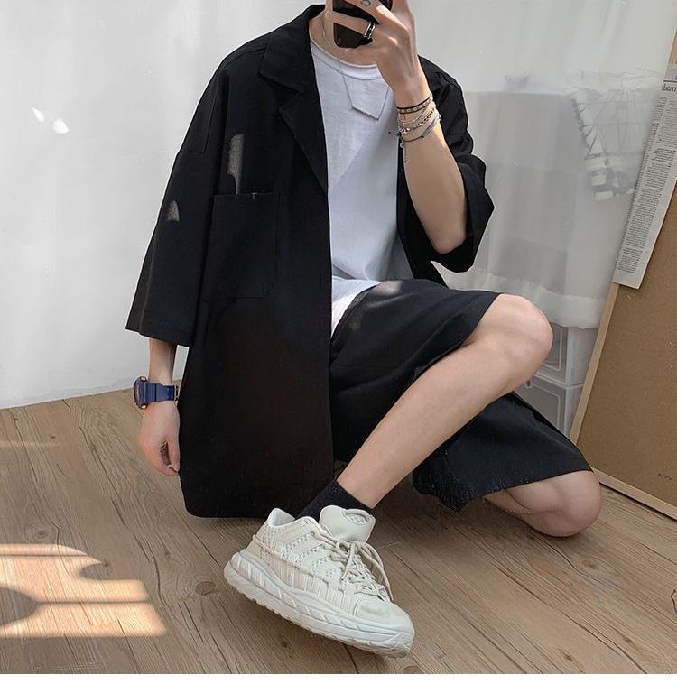 Set: Elbow-Sleeve Plain Shirt + Mid Rise Shorts