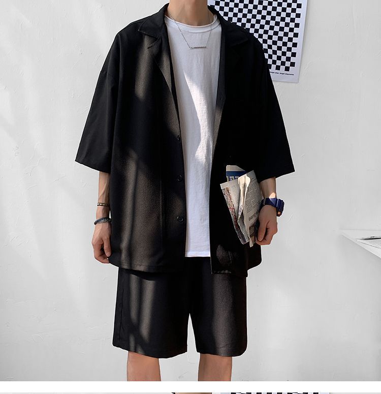 Set: Elbow-Sleeve Plain Shirt + Mid Rise Shorts
