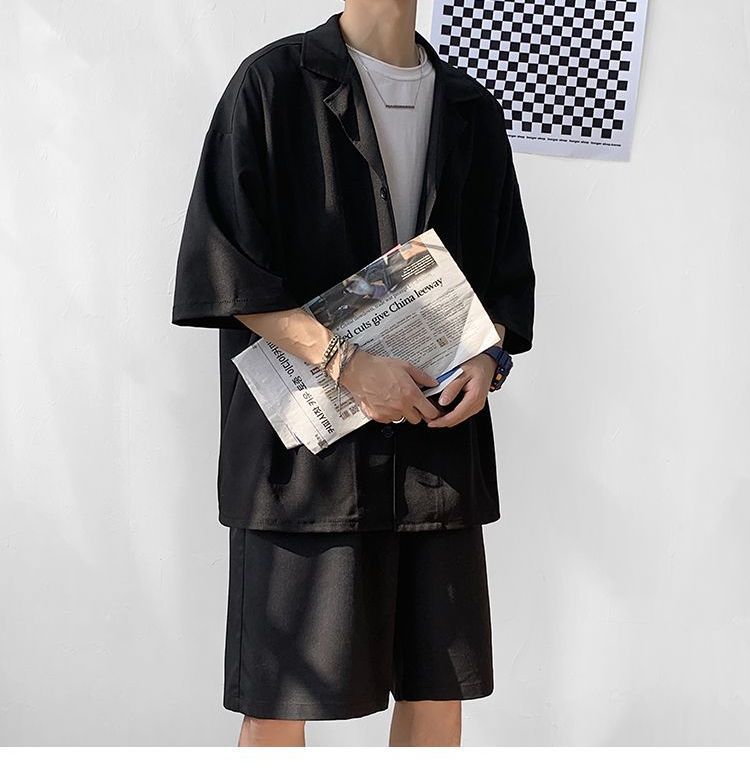 Set: Elbow-Sleeve Plain Shirt + Mid Rise Shorts