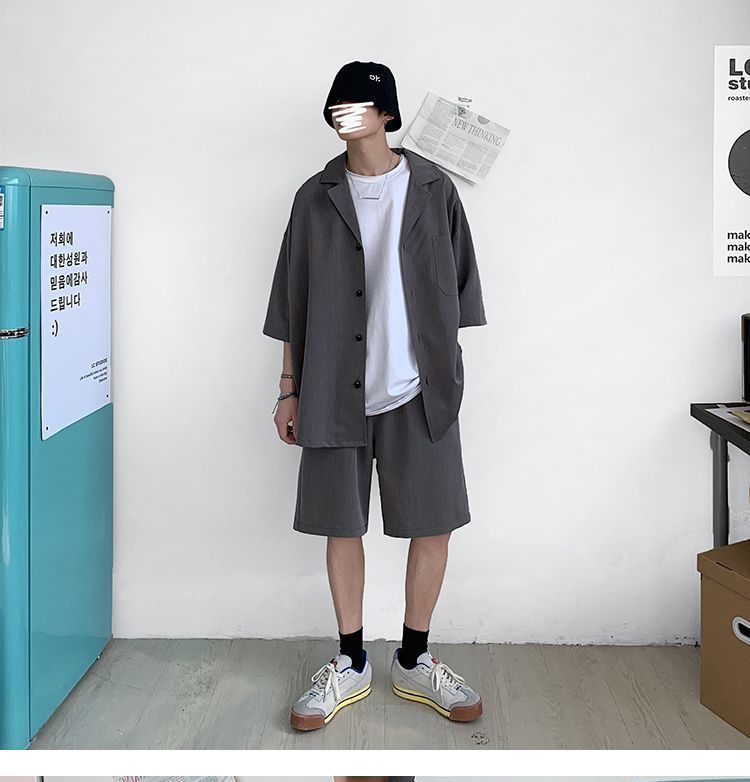 Set: Elbow-Sleeve Plain Shirt + Mid Rise Shorts