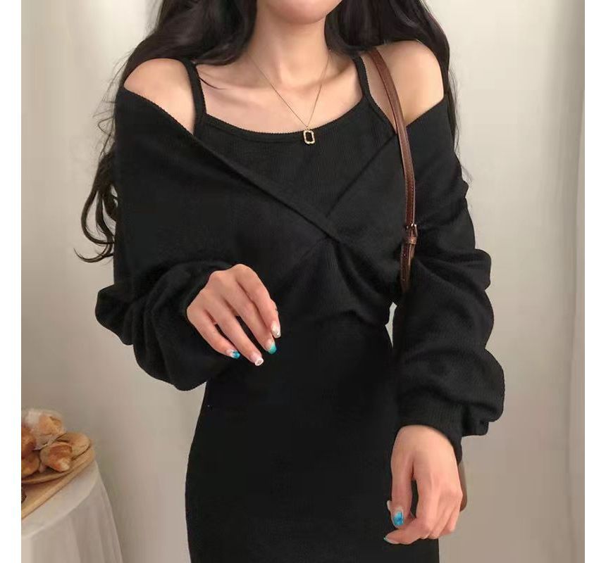 Set: Spaghetti Strap Mini Dress + Long-Sleeve V-Neck Cropped Top