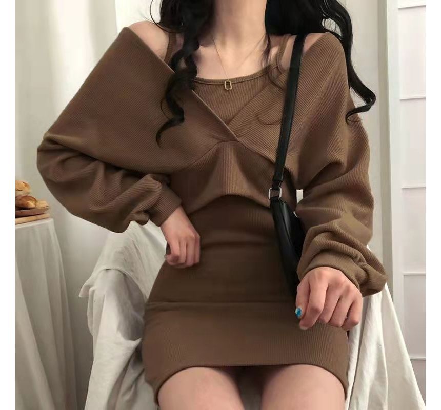 Set: Spaghetti Strap Mini Dress + Long-Sleeve V-Neck Cropped Top