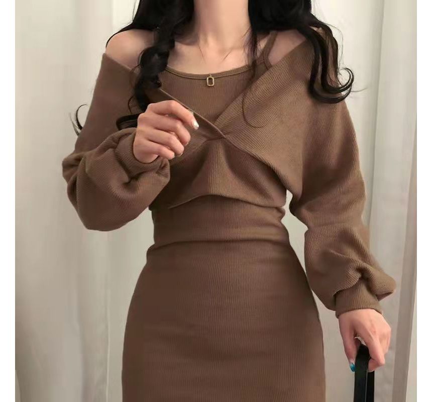Set: Spaghetti Strap Mini Dress + Long-Sleeve V-Neck Cropped Top