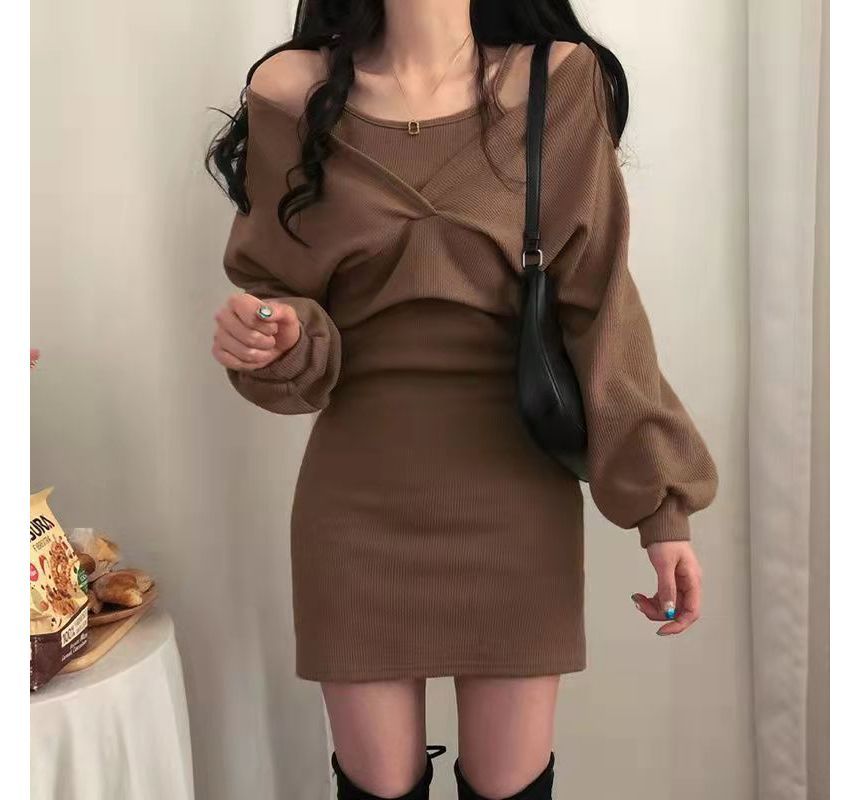 Set: Spaghetti Strap Mini Dress + Long-Sleeve V-Neck Cropped Top