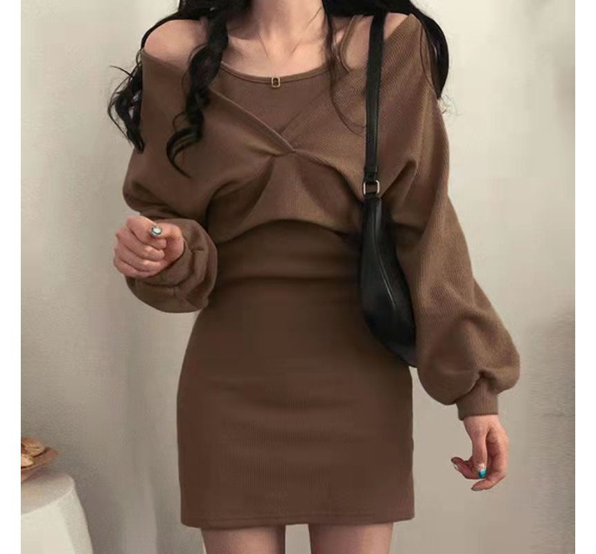 Set: Spaghetti Strap Mini Dress + Long-Sleeve V-Neck Cropped Top