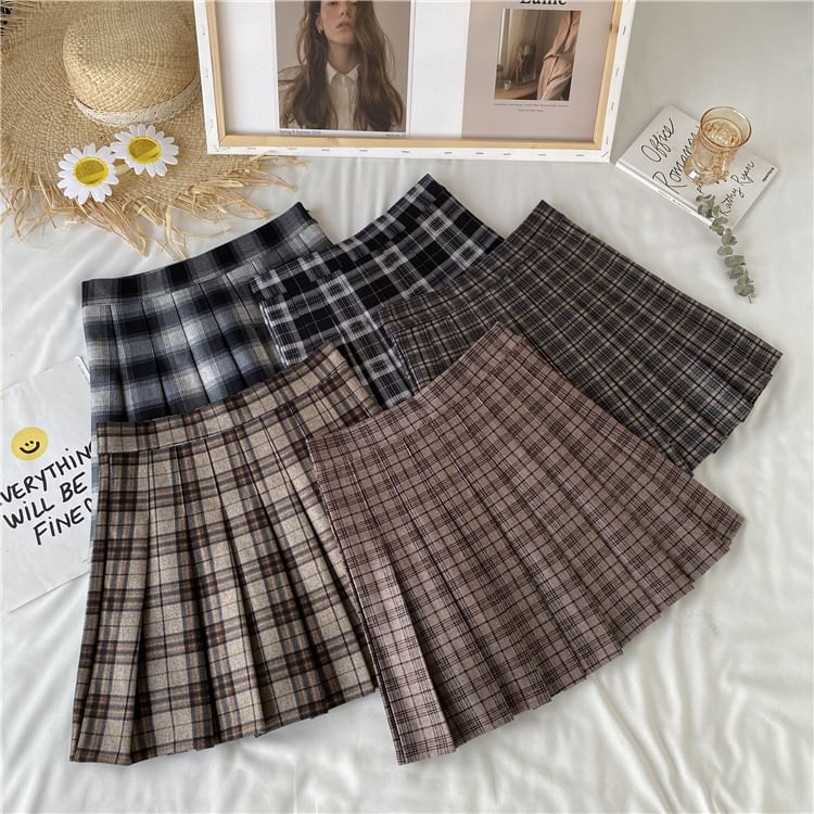 High Waist Plaid Pleated Mini Skirt