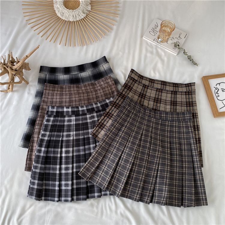 High Waist Plaid Pleated Mini Skirt
