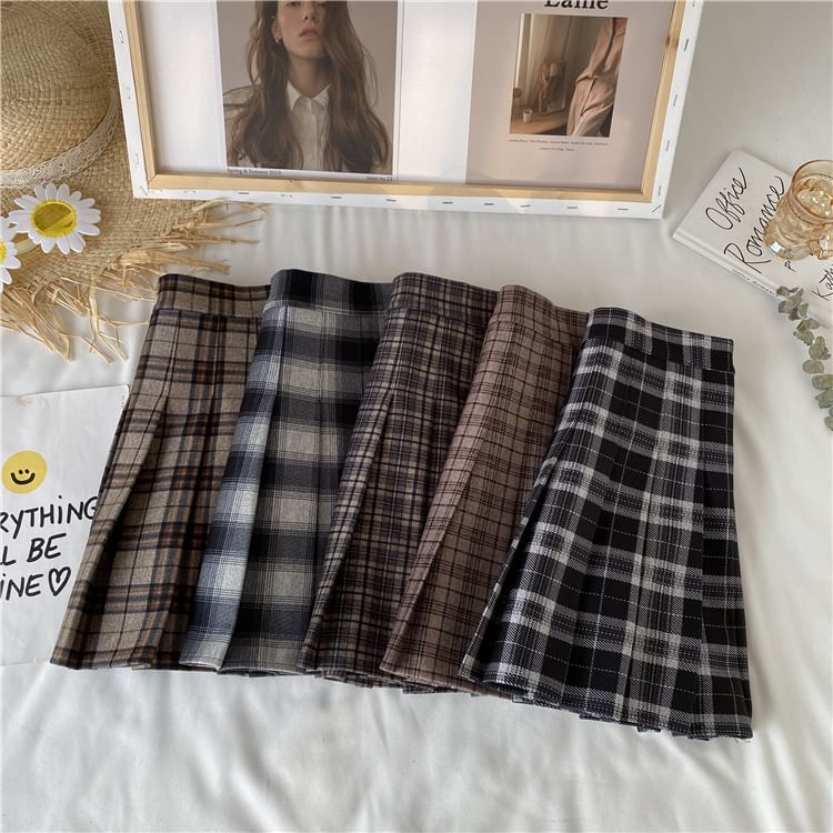High Waist Plaid Pleated Mini Skirt