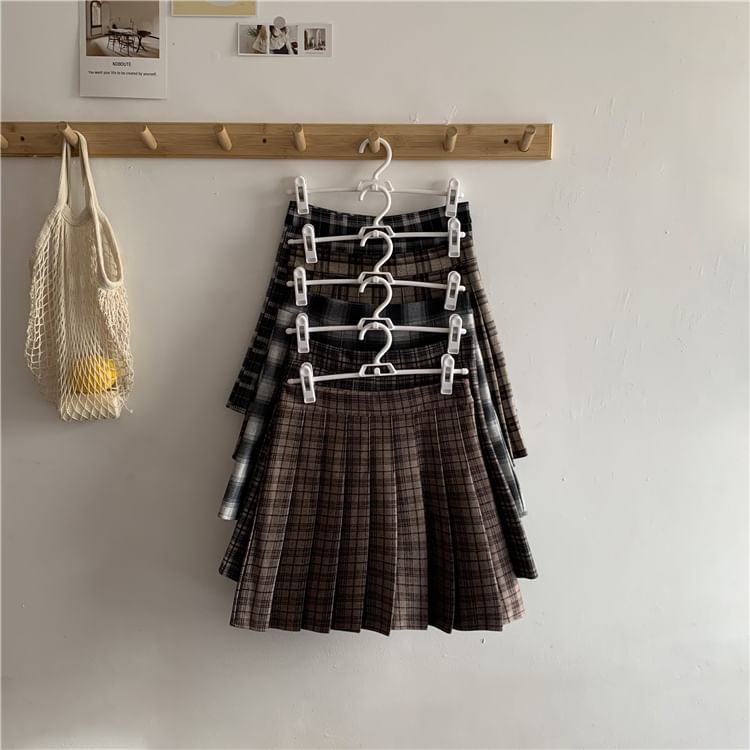 High Waist Plaid Pleated Mini Skirt