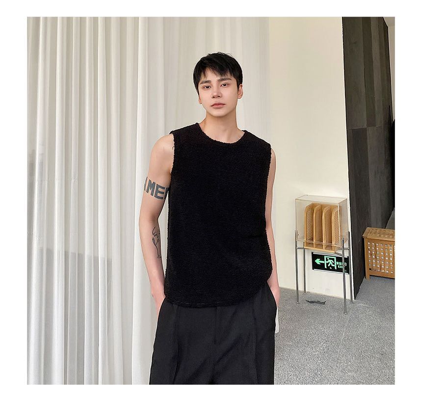 Round Neck Plain Fleece Tank Top