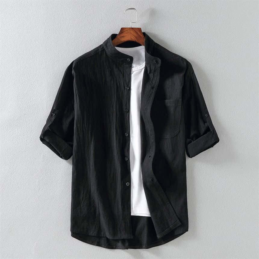 Elbow-Sleeve Stand Collar Linen Plain Shirt