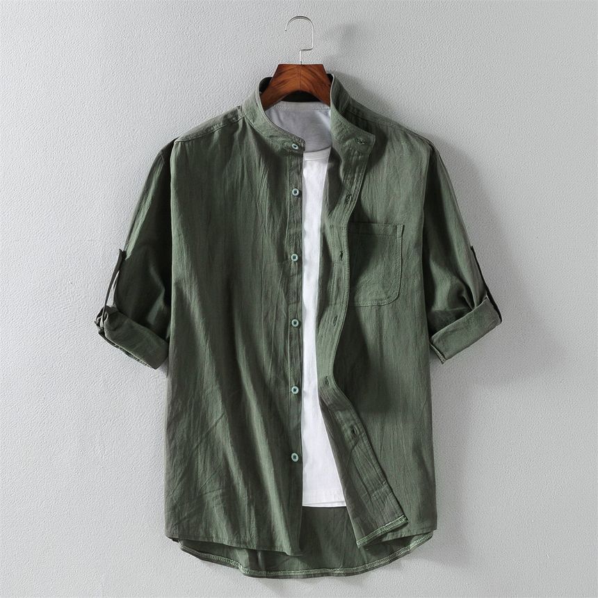 Elbow-Sleeve Stand Collar Linen Plain Shirt